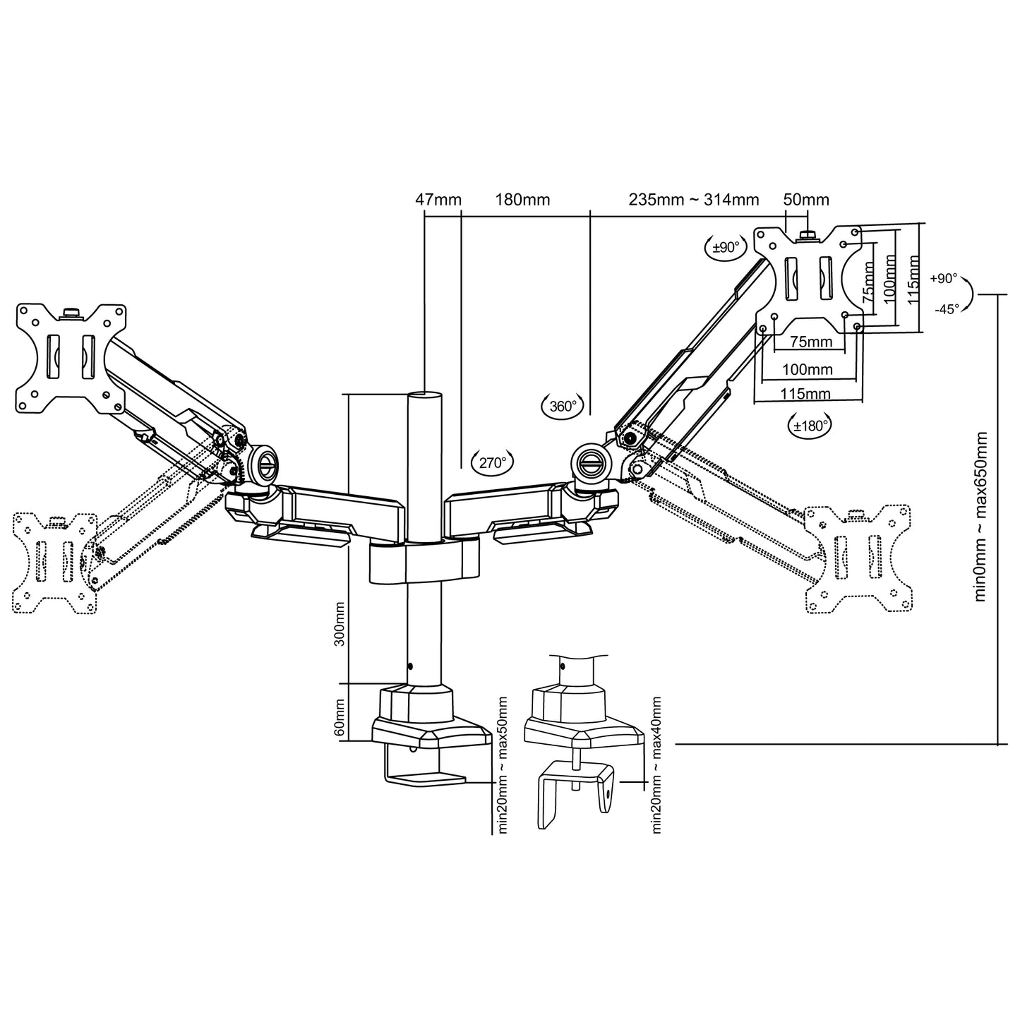 ガススプリング式 デュアル液晶モニターアーム