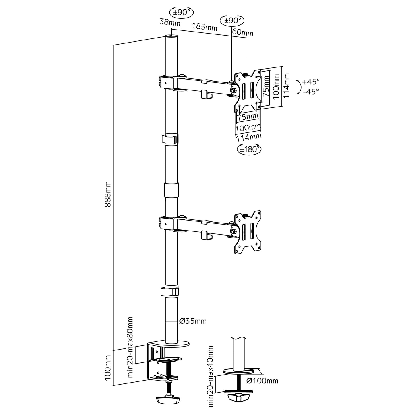 水平 ロングポール デュアル液晶モニターアーム