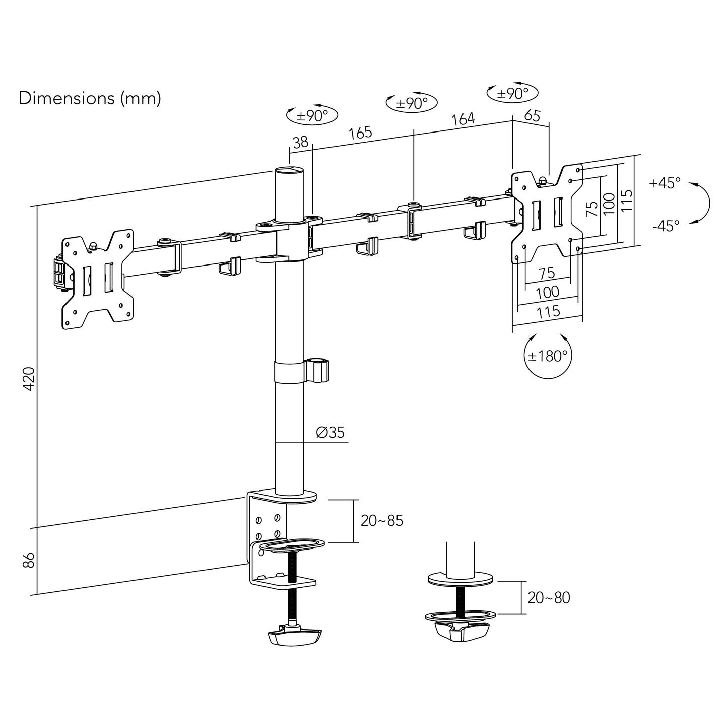 水平可動 デュアル液晶モニターアーム AS-MABH07D